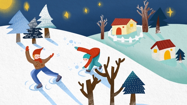 冬季雪景男孩在雪地里嬉笑打闹唯美清新插画