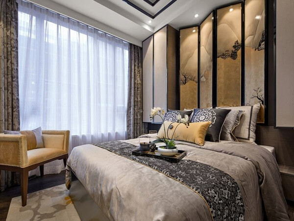 新中式家居卧室屏风背景墙装修效果图
