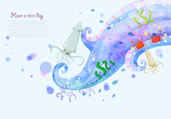 蓝色浪花和螃蟹章鱼插画