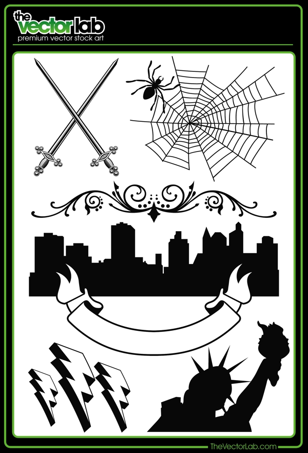 剑蜘蛛城市剪影闪电自由女神像和其他图案矢量