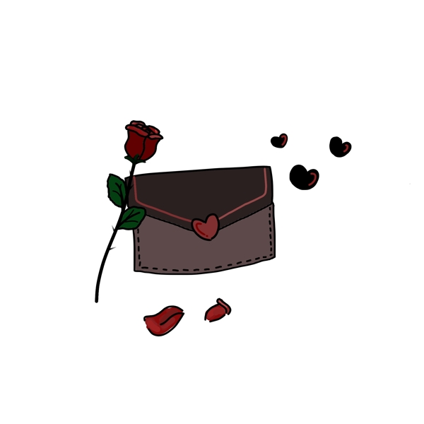 玫瑰花瓣黑色信封爱心手绘情人节元素