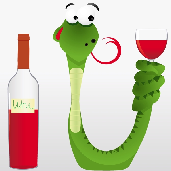 卡通手绘端着酒杯喝酒的蛇