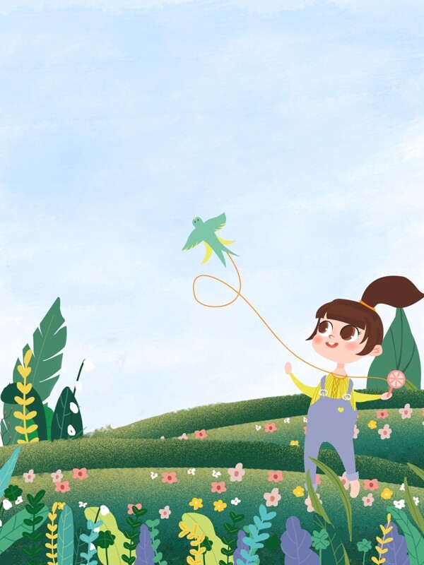 春季野外放风筝女孩背景