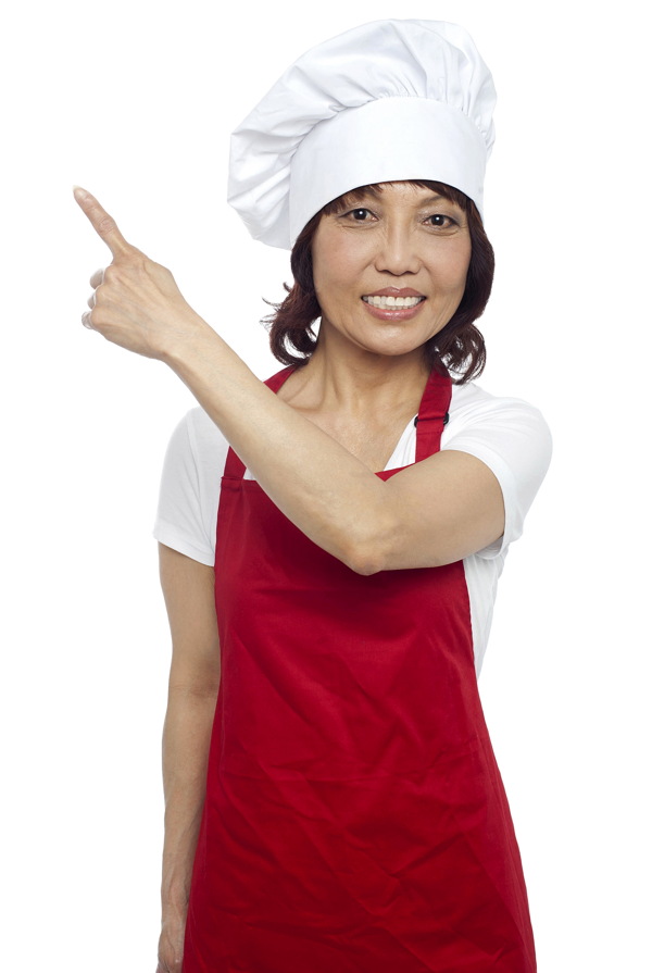 伸出一根手指的女厨师图片
