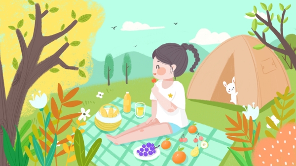 一个人的植物园野餐小清新卡通可爱插画