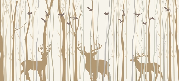 手绘抽象森林鹿小鸟背景墙
