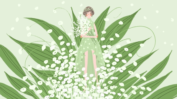 绿叶白色碎花绿色长裙清新少女卡通背景