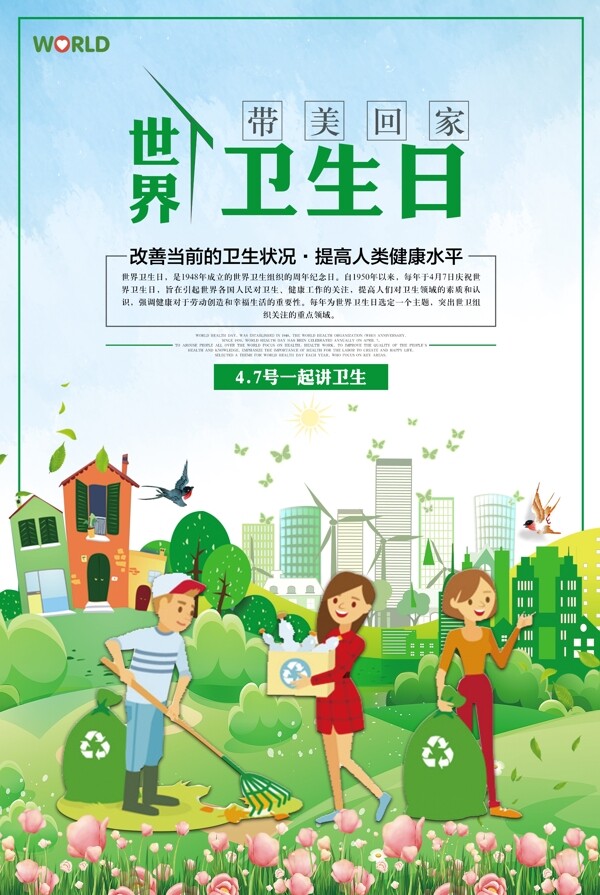 绿色创意世界卫生日宣传海报