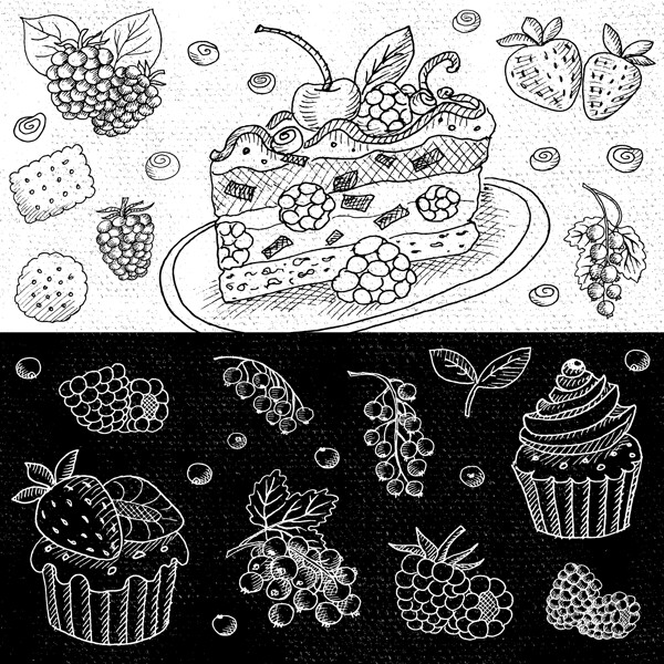 草莓蛋糕葡萄黑板手绘水果矢量素材