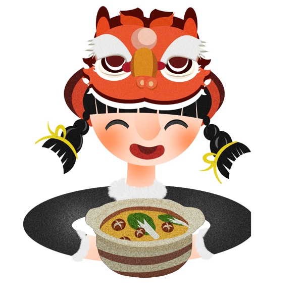 手绘年夜饭端着一锅汤的女孩春节人物设计