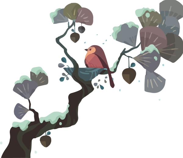 冬季树丛卡通小鸟