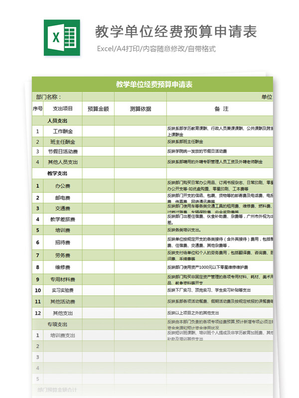 教学单位经费预算申请表excel模板