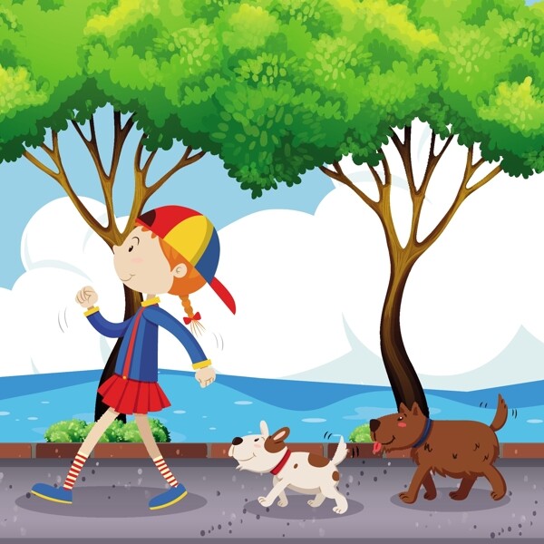 女孩和两只狗在街上散步插画