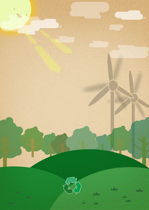 绿色山丘树林风车手绘设计