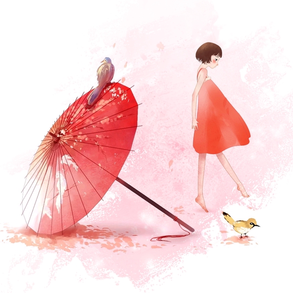 红衣女孩古典纸伞小鸟粉色素材