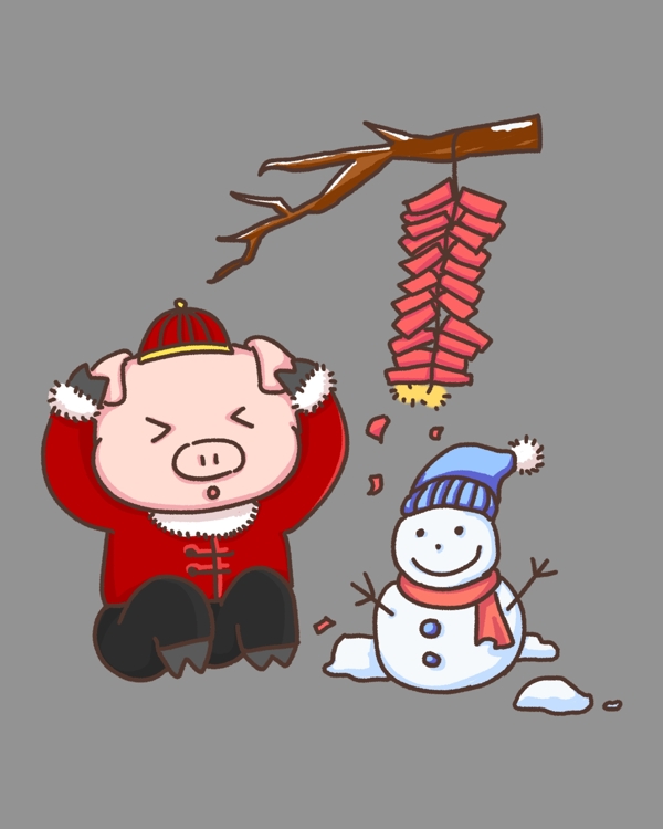 春节卡通猪放鞭炮手绘