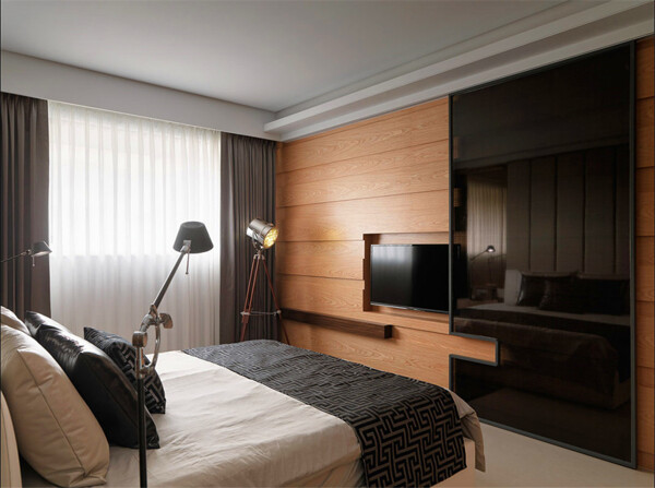 现代质感卧室浅橘色背景墙室内装修效果图