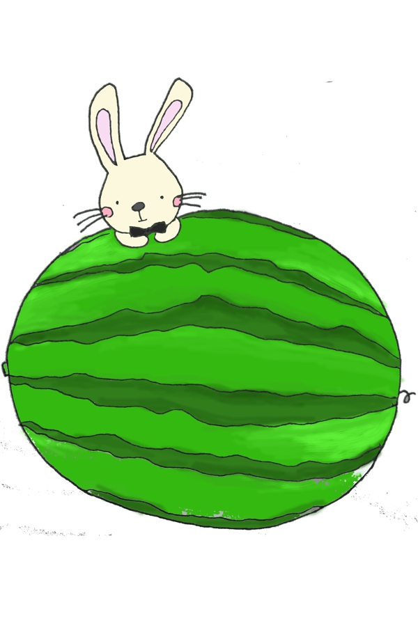 彩色卡通手绘西瓜兔子PNG