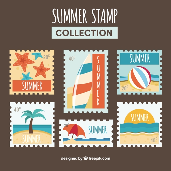 各种彩色夏季主题邮票