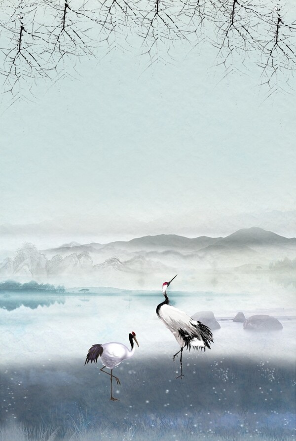 雪景仙鹤背景模板远山