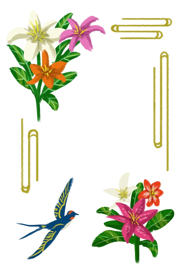 春夏季节花鸟边框之燕子和百合花PNG