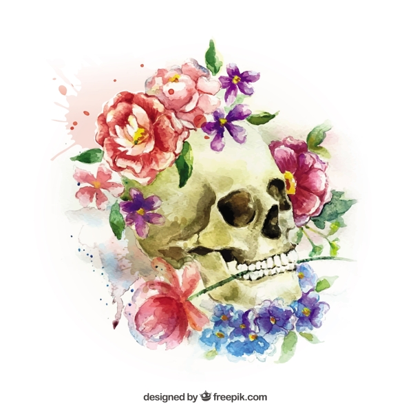 水彩头骨背景与花卉