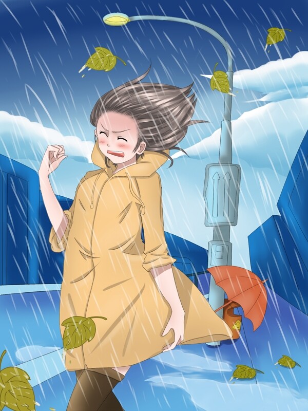 原创手绘插画女孩在暴雨中行走中国气象日