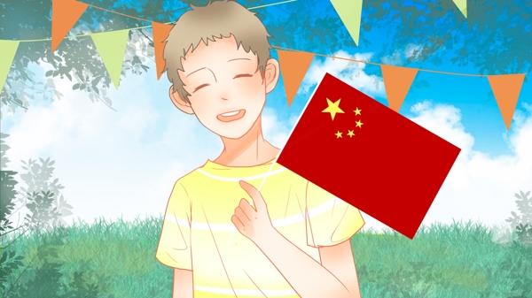 小清新国庆节拿着国旗的小男孩