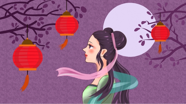 古代中秋节月下赏花灯的女子原创插画