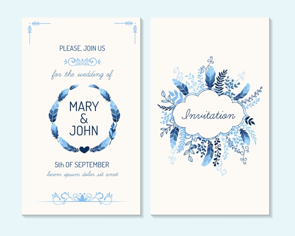 蓝色植物花朵婚礼贺卡模板下载