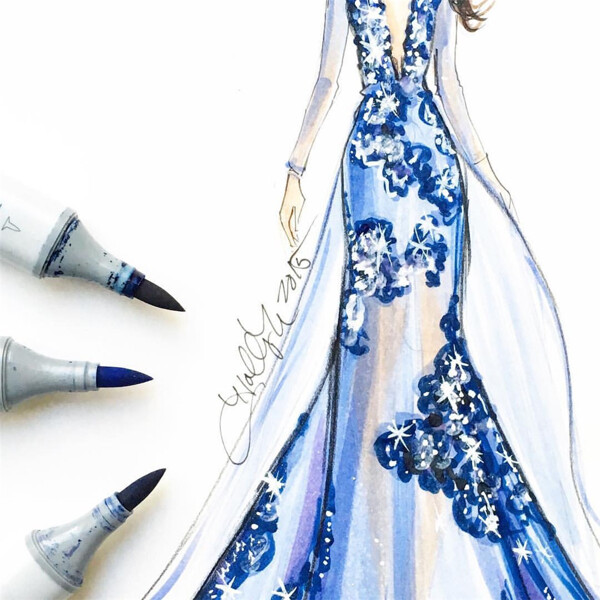 蓝色深V花朵礼服设计图