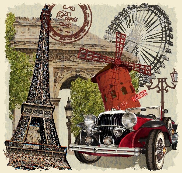 复古法国元素海报矢量素材图片