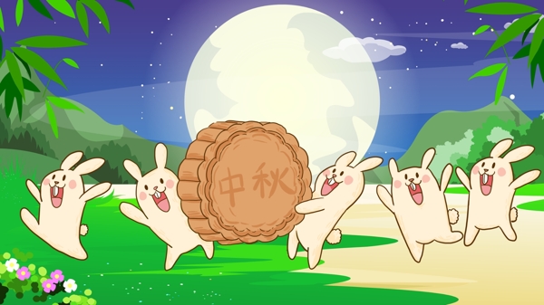 中秋节兔子们搬月饼过中秋手绘原创插画