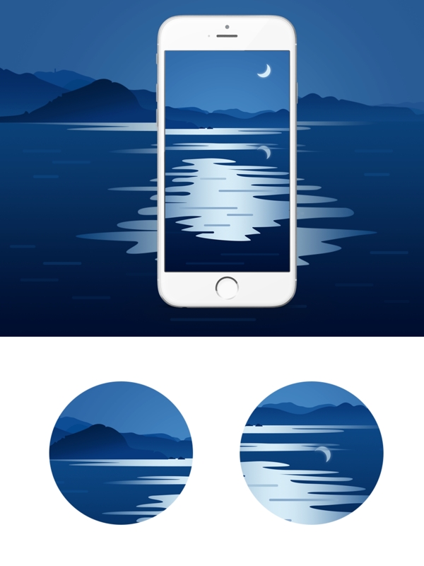 海上明月远山蔚蓝色深邃的海面场景插画