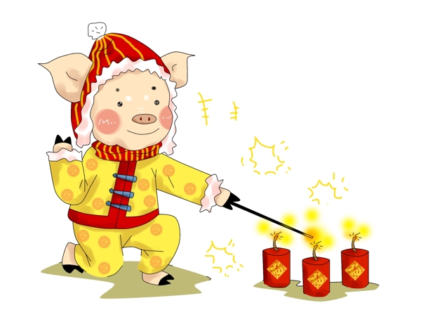 卡通手绘原创厚涂春节猪猪玩鞭炮拜年插画PNG