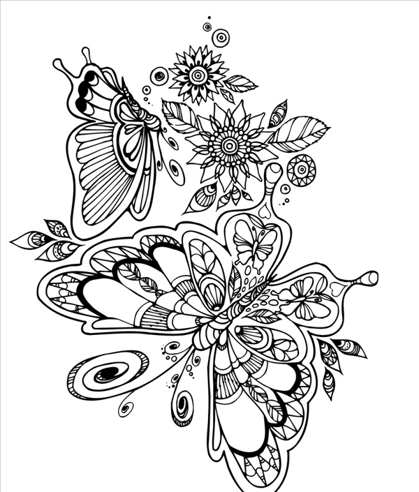 黑白花朵蝴蝶复杂剪纸底纹