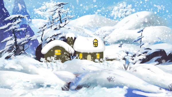 彩绘时尚冬季雪地村庄背景设计