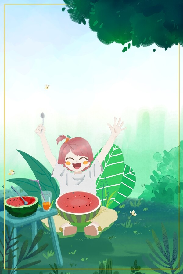夏季吃西瓜手绘女孩开心小暑绿色广告背景