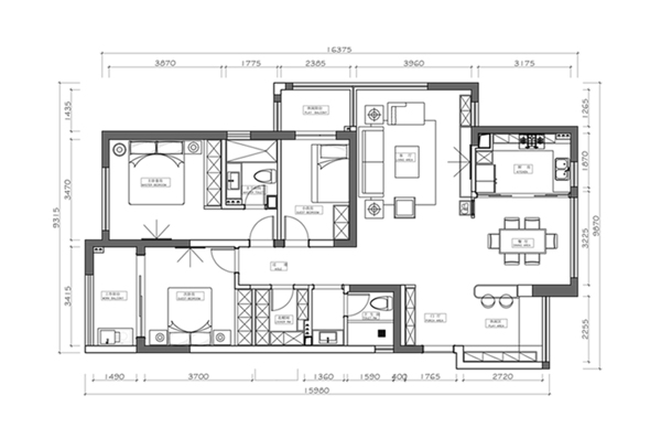 CAD三室两厅户型平面布置图