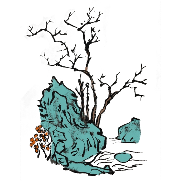 中国风水墨小景树木手绘插画