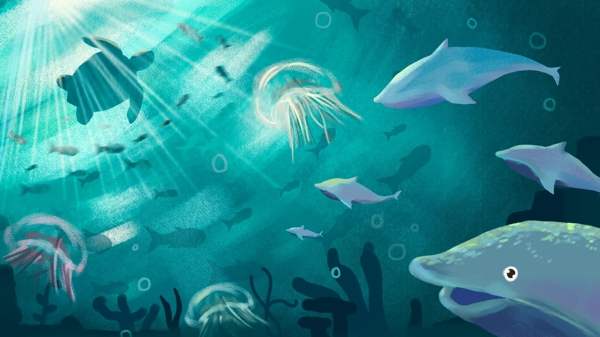 原创插画海底海洋生物海豚