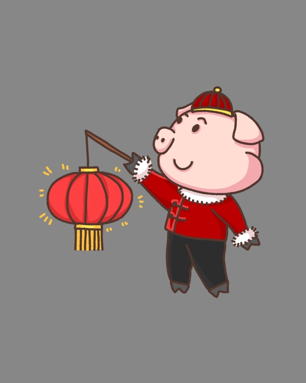 春节卡通猪挂灯笼手绘
