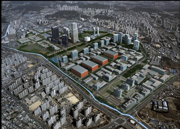 城市建筑群鸟瞰效果图PSD分层素材