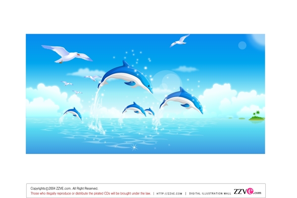 海豚跃出水面卡通风景矢量素材