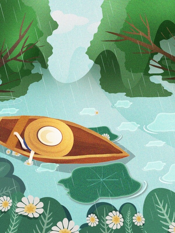 绿色原创谷雨节日节气复古插画背景设计