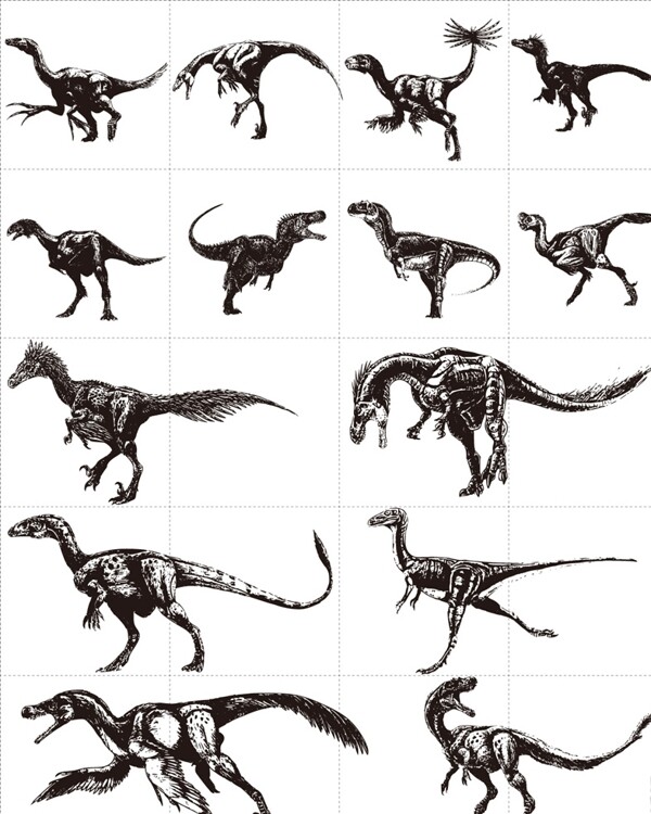 矢量卡通黑白恐龙集合