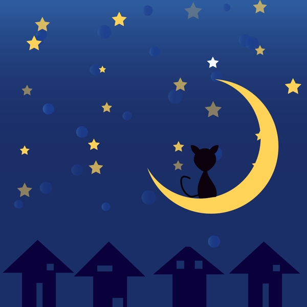 卡通黑夜月亮上的猫
