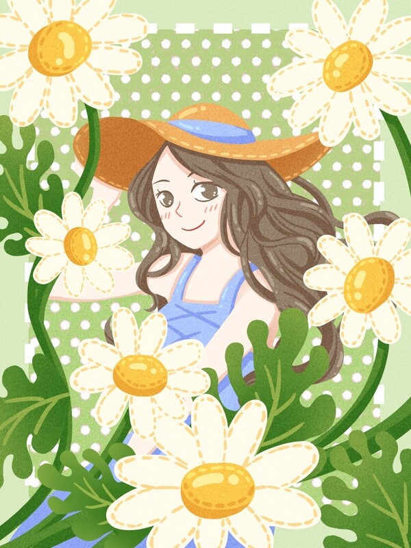 花束女孩之雏菊的草帽少女