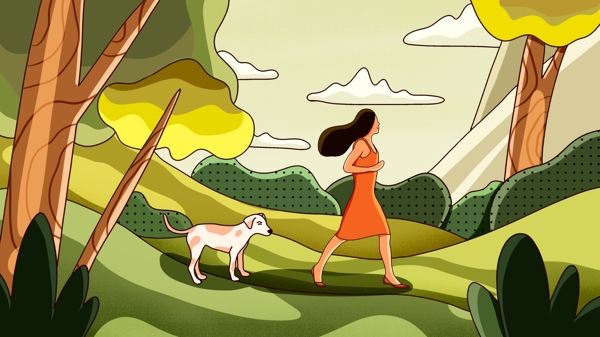 萌宠系列带狗狗散步的人手绘海报插画壁纸