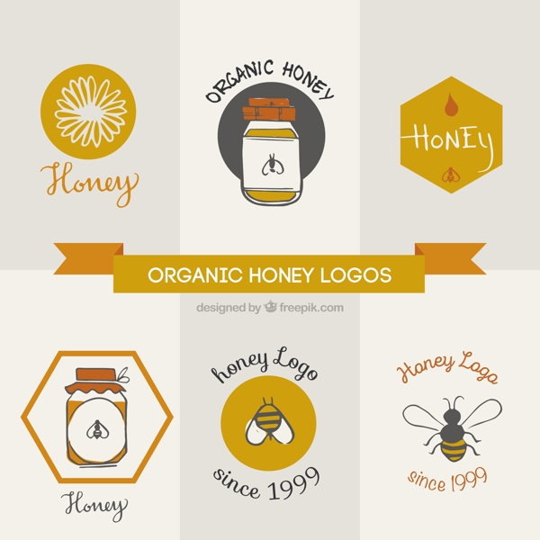可爱的手工绘制的标志自然蜂蜜